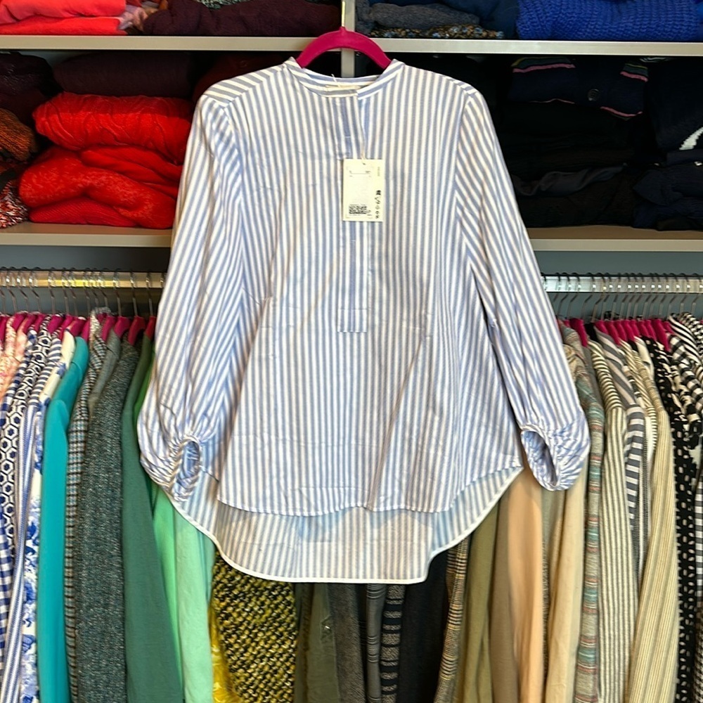 COS white and blue pinstriped long sleeve mandarin collar shirt size XS NWT